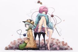  2girls arm_on_knee arm_rest bare_legs barefoot bush chair commentary_request covered_mouth flower green_eyes grey_hair hairband hat hat_ribbon heart heart_of_string holding holding_smoking_pipe kiseru kokotetsu komeiji_koishi komeiji_satori leg_up long_sleeves multiple_girls on_ground petals pink_eyes pink_hair ranunculus red_flower red_rose ribbon rose rose_bush shirt shoes siblings sisters sitting skirt slippers smoking_pipe third_eye touhou unworn_shoes wide_sleeves yellow_flower 