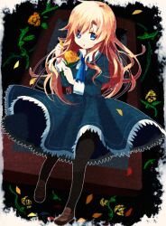  ascot bad_id bad_pixiv_id blonde_hair blue_ascot blue_eyes collared_shirt dress female flower frilled_dress frills green_dress ib_(kouri) long_hair long_sleeves mary_(ib) nochita_shin pantyhose petals rose shirt shoes solo yellow_flower yellow_rose 