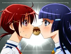  2girls aoki_reika blue_eyes blue_hair blush bonito_flakes commentary_request eyelashes food hair_ornament hairclip hino_akane_(smile_precure!) long_hair masaki_kazusa multiple_girls nanairogaoka_middle_school_uniform necktie ponytail precure profile red_eyes red_hair school_uniform shared_food short_hair smile_precure sweat takoyaki 