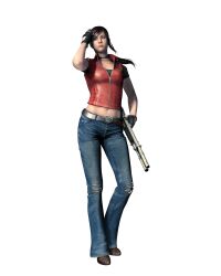  3d absurdres capcom claire_redfield denim female gun highres jeans midriff official_art pants resident_evil resident_evil_code_veronica resident_evil_the_mercenaries_3d shotgun weapon 