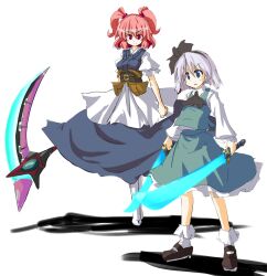  2girls alternate_weapon bad_id bad_pixiv_id commentary_request crossover dual_wielding energy_sword energy_weapon holding konpaku_youmu looking_at_viewer multiple_girls onozuka_komachi partial_commentary phantasy_star phantasy_star_online red_eyes red_hair short_hair simple_background smile sword touhou weapon white_background yu-ves 