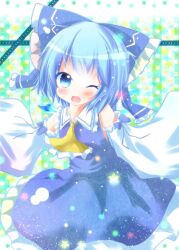  alternate_color ascot blue_eyes blue_hair blush bow cirno commentary_request cosplay detached_sleeves female hairbow hakurei_reimu hakurei_reimu_(cosplay) oerba_yun_fang one_eye_closed open_mouth player_2 short_hair smile solo touhou white_sleeves yuya_(minus-k) 