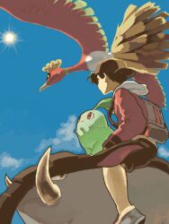  1boy backpack backwards_hat bag baseball_cap bird black_hair chikorita commentary_request day donphan ethan_(pokemon) hat ho-oh moiko pokemon pokemon_(creature) pokemon_hgss riding riding_pokemon sky sun 