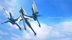  blue_sky cloud cloudy_sky commentary_request day flying from_behind highres huge_weapon no_humans photoshop_(medium) rvr-03_sword_breaker sky solo spacecraft starfighter tagarimono thunder_force weapon 