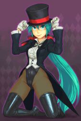  alternate_hairstyle aqua_eyes bad_id bad_pixiv_id black_hat black_jacket black_ribbon boots brooch center_frills collared_shirt female frills gloves green_eyes green_hair hat hat_tug hatsune_miku jacket jewelry kneeling leotard long_hair long_sleeves low_ponytail magician magician_(module) miracle_paint_(vocaloid) pantyhose ponytail project_diva project_diva_(series) ribbon shirt solo tailcoat thigh_boots thighhighs top_hat very_long_hair vocaloid white_gloves white_shirt yuuji_(and) 