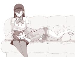  2girls akemi_homura book bow commentary_request couch cushion glasses hairband lap_pillow long_hair mahou_shoujo_madoka_magica mahou_shoujo_madoka_magica_(anime) mitakihara_school_uniform monochrome multiple_girls navel oerba_yun_fang opaque_glasses pantyhose sakura_kyoko saliva school_uniform shorts skirt sleeping uruo 