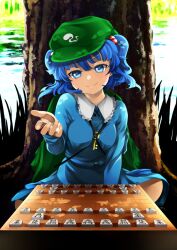  beckoning between_breasts blue_eyes blue_hair board_game breasts commentary_request female gesture grass hair_bobbles hair_ornament hat indian_style kawashiro_nitori key long_sleeves looking_at_viewer medium_breasts ninamo photoshop_(medium) shogi short_hair short_twintails sitting skirt skirt_set smile solo touhou tree twintails two_side_up water 