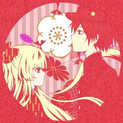  1boy bad_id bad_pixiv_id black_hair blonde_hair border bow chrysanthemum circle expressionless female flat_color floating_hair floral_background flower gakuran gosick hairbow harugamitsu hat japanese_clothes kimono kujou_kazuya long_hair plum_blossoms red_theme round_border school_uniform short_hair striped striped_background vertical_stripes victorica_de_blois yagasuri 