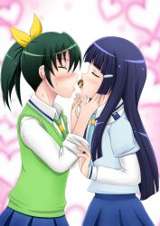  2girls aoki_reika blue_hair blush closed_eyes commentary_request food fuuma_nagi green_hair green_necktie green_sweater_vest midorikawa_nao multiple_girls nanairogaoka_middle_school_uniform necktie precure school_uniform shared_food sleeves_rolled_up smile_precure sweater_vest takoyaki yuri 