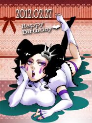  arrancar black_hair bleach breasts cirucci_sanderwicci dress elbow_gloves eyeshadow facial_mark female female fingerless_gloves gloves hair_ornament hand_on_own_face happy_birthday lipstick lying makeup nail_polish on_stomach open_mouth pinky_out puffy_sleeves purple_eyes purple_lipstick purple_nails short_twintails solo ssyk603 thigh_strap toenail_polish twintails wavy_hair white_dress white_gloves 