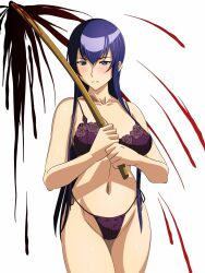  blood blue_eyes blue_hair blush bra breasts busujima_saeko highres highschool_of_the_dead large_breasts long_hair panties underwear 