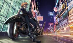  1boy bad_id bad_pixiv_id city commentary_request crow_hogan d-wheel duel_monster fudo_yusei headband helmet motor_vehicle motorcycle night orange_hair pavement photoshop_(medium) stack_bond yna yu-gi-oh! yu-gi-oh!_5d&#039;s 