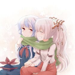  2girls blue_dress blush bow closed_eyes commentary_request dress fujiwara_no_mokou green_scarf grin hair_ribbon hairbow hat heart holding_hands kamishirasawa_keine long_hair multiple_girls myonde pants red_eyes ribbon scarf shared_clothes shared_scarf shirt side-by-side sitting smile touhou unworn_hat unworn_headwear white_hair 