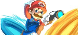  1boy aperture_science_handheld_portal_device blue_eyes brown_hair gloves hat male_focus mario mario_(series) overalls portal_(series) portal_1 solo white_gloves 