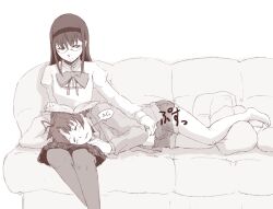  2girls akemi_homura biting_own_lip book bow commentary_request couch cushion denim denim_shorts glasses hairband jewelry lap_pillow long_hair mahou_shoujo_madoka_magica mahou_shoujo_madoka_magica_(anime) monochrome multiple_girls navel navel_fingering navel_insertion oerba_yun_fang pantyhose poking_belly ring sakura_kyoko saliva school_uniform shorts skirt sleeping uruo 