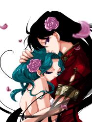  2girls ahoge aqua_hair bare_back bishoujo_senshi_sailor_moon black_hair chinese_clothes colored_eyelashes commentary_request eyelashes floating_hair flower hair_flower hair_ornament hand_on_another&#039;s_head hino_rei hug kaiou_michiru kinako_(kota6) multiple_girls petals photoshop_(medium) profile rose rose_petals short_sleeves white_background yuri 