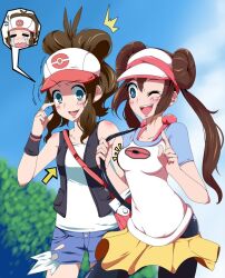  2girls absurdres bag blue_eyes blush breast_envy breasts brown_hair double_bun female flat_chest hat highres hotpants long_hair mei_(pokemon) mei_(pokemon) multiple_girls nintendo open_mouth pokemon pokemon_(game) pokemon_black_and_white pokemon_bw pokemon_bw2 short_shorts shorts skirt sky small_breasts smile tears touko_(pokemon) wink 