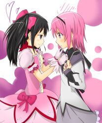  2girls akemi_homura artist_request black_hair cosplay costume_switch hair_ribbon hair_ribbons highres kaname_madoka magical_girl mahou_shoujo_madoka_magica multiple_girls pink_eyes pink_hair purple_eyes ribbon soul_gem twintails 