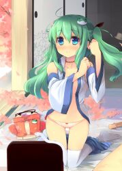  adjusting_hair alternate_hairstyle bag bow bow_panties cherry_blossoms collarbone female frog_hair_ornament green_eyes green_hair hair_ornament handbag hat jewelry kneeling kochiya_sanae long_hair necklace no_bra no_pants no_shoes open_clothes panties petals shin_(new) smile snake solo thighhighs touhou twintails underwear white_thighhighs wind 