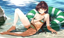  ao_no_exorcist arm_support barefoot bikini blush breasts brown_hair clenched_teeth commentary_request female innertube kabocha_(monkey4) kamiki_izumo long_hair long_legs multicolored_stripes partially_submerged ponytail red_eyes small_breasts solo striped_bikini striped_clothes swim_ring swimsuit teeth untied water wide_ponytail 