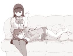  2girls akemi_homura bow commentary_request couch cushion hairband jewelry lap_pillow long_hair mahou_shoujo_madoka_magica mahou_shoujo_madoka_magica_(anime) monochrome multiple_girls navel pantyhose ring sakura_kyoko saliva school_uniform shorts skirt sleeping uruo 