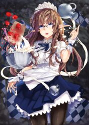  apron bad_id bad_pixiv_id batter black_pantyhose blue_eyes bowl brown_hair checkered_background cream cutting_board female food fruit glasses long_hair magic maid maid_headdress mixing_bowl open_mouth original pantyhose photoshop_(medium) pitcher_(container) pointy_ears ruuto_(sorufu) sidelocks skirt solo sparkle strawberry wand wrist_cuffs 