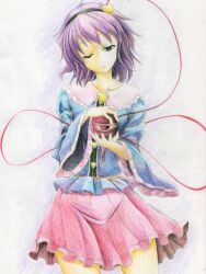  bad_id bad_pixiv_id blouse colored_pencil_(medium) female hairband heart kitazinger komeiji_satori long_sleeves one_eye_closed photoshop_(medium) pink_skirt purple_hair red_eyes shirt short_hair skirt solo third_eye touhou traditional_media wide_sleeves 