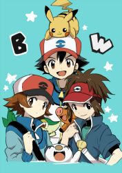  3boys akakokko brown_hair cap hat kyouhei_(pokemon) lolicon male male_focus male_protagonist_(pokemon_bw2) multiple_boys oshawott pikachu pokemon pokemon_(anime) pokemon_(game) pokemon_bw pokemon_bw2 satoshi_(pokemon) smile snivy tepig touya_(pokemon) 