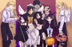  6+boys alphonse_elric animal_hands basket bat_(animal) blonde_hair broom candy checkerboard_cookie commentary_request cookie cosplay costume demon_wings edward_elric envy_(fma) eyepatch fangs female food frankenstein frankenstein&#039;s_monster frankenstein&#039;s_monster_(cosplay) fullmetal_alchemist gluttony_(fma) greed_(fma) halloween hat highres horns jiangshi kemonomimi_mode king_bradley ling_yao lollipop lust_(fma) midriff multiple_boys mummy nagi_yusura pants pointy_ears ponytail pride_(fma) red_eyes selim_bradley sloth_(fma) spoilers suspenders swirl_lollipop vampire werewolf wings witch witch_hat wolf_boy 