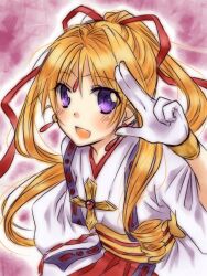  blonde_hair blush bracelet gloves japanese_clothes jewelry kaitou_jeanne kamikaze_kaitou_jeanne kusakabe_maron long_hair open_mouth purple_eyes skirt 