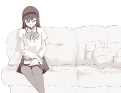  akemi_homura blush book bow commentary_request couch cushion female glasses hairband long_hair mahou_shoujo_madoka_magica mahou_shoujo_madoka_magica_(anime) monochrome pantyhose school_uniform skirt solo sweatdrop uruo 