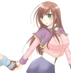  1boy artist_request breasts brown_hair choker fayt_leingod female gloves green_eyes shion_(zero.) simple_background skirt sophia_esteed square_enix star_ocean star_ocean_till_the_end_of_time 