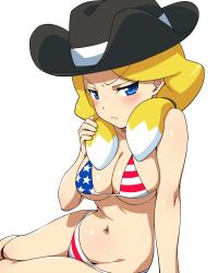  american_flag american_flag_bikini american_flag_print annoyed arm_support bare_shoulders bikini blonde_hair breasts cleavage cowboy_hat danball_senki female flag_print freckles hairu hat jessica_kaios large_breasts long_hair looking_at_viewer navel print_bikini shiny_skin simple_background skindentation solo swimsuit underboob 