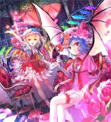  2girls arm_up ascot bare_legs bat_wings blonde_hair blue_flower blue_hair blue_rose bottle bridal_garter brooch chair checkered_floor commentary_request crossed_legs cup dress dutch_angle elbow_gloves embellished_costume flandre_scarlet flower frilled_legwear full_moon fuzichoco gloves hat hat_flower highres jewelry looking_at_viewer mary_janes mask md5_mismatch moon multicolored_flower multicolored_rose multiple_girls night night_sky petals pink_flower pink_rose red_eyes red_moon remilia_scarlet resolution_mismatch rose shoes short_hair siblings side_ponytail sisters sitting sky smile source_smaller spill star_(sky) starry_sky table teacup thighhighs touhou waving white_gloves window wings 