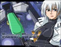  bad_id bad_pixiv_id blue_eyes bodysuit breasts cenes_crawford cleavage cropped_jacket female jacket lowres medium_breasts open_clothes open_jacket phantom_rider pixel_art rvr-01_gauntlet scanlines short_hair skin_tight solo spacecraft starfighter thunder_force thunder_force_v white_hair 