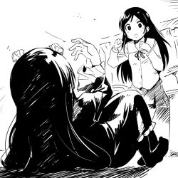  2girls :o aragaki_ayase catfight commentary_request gokou_ruri gothic_lolita greyscale lolita_fashion long_hair monochrome multiple_girls on_ground open_mouth ore_no_imouto_ga_konna_ni_kawaii_wake_ga_nai pantyhose school_uniform skirt watarai_keiji 