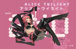  alice_twilight bikini bikini_top_only black_bikini breasts commentary_request crossed_legs david_semsei energy_sword female gloves high_heels legs lips long_legs lying medium_breasts no_more_heroes no_more_heroes_2 photoshop_(medium) pink_eyes pink_hair shoes short_hair sitting skull solo swimsuit sword thighs underboob wavy_hair weapon 