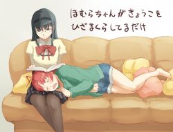  2girls akemi_homura barefoot book bow closed_eyes commentary_request couch cushion denim denim_shorts glasses hairband lap_pillow long_hair mahou_shoujo_madoka_magica mahou_shoujo_madoka_magica_(anime) multiple_girls navel oerba_yun_fang pantyhose reading sakura_kyoko saliva school_uniform shorts skirt sleeping translated uruo 