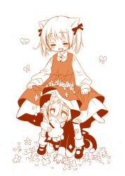  androgynous animal_ears blouse blush bow butterfly cat_ears cat_tail closed_eyes crona_(soul_eater) dress dress_lift flower hairbow holding kneeling maka_albarn makenshi_chrona oerba_yun_fang open_mouth sakurazawa_izumi short_hair short_twintails smile soul_eater stuffed_animal stuffed_bunny stuffed_toy tail tears twintails 