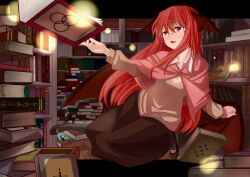  alternate_costume bat_wings bespectacled book bookshelf cape commentary_request female floating floating_book floating_object glasses head_wings highres koakuma library light_particles long_hair nechio open_mouth outstretched_hand red_eyes red_hair room shirt skirt solo touhou voile wings 