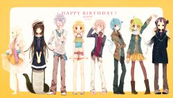  1boy 6+girls :d :o animal_ears bad_id bad_pixiv_id bandages bangle barefoot belt blonde_hair blue_eyes boots bracelet brown_eyes brown_hair cat_ears cat_tail closed_eyes commentary_request covered_eyes cross cross_necklace crossed_arms dated diagonal_stripes dress flower green_hair grey_hair hair_flower hair_ornament hair_over_one_eye happy_birthday hat heart highres jewelry lineup long_hair manio monster_girl multiple_girls multiple_tails navel necklace open_mouth original pantyhose pointy_ears purple_hair red_eyes sandals shorts skirt smile star_(symbol) striped tail v_arms white_hair 