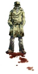  1boy blood buttons coat commentary_request double-breasted expressionless fedora hands_in_pockets hat looking_at_viewer male_focus mask mgk968 pants pinstripe_pattern rorschach shoes solo standing striped trench_coat watchmen 