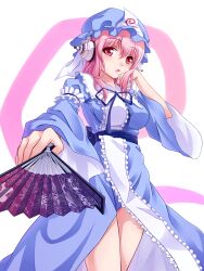  commentary_request cosplay dress female folding_fan goshoguruma hand_fan hat headphones highres leinamelissa nitroplus pink_eyes pink_hair saigyouji_yuyuko saigyouji_yuyuko&#039;s_fan_design saigyouji_yuyuko_(cosplay) shippou_(pattern) short_hair solo super_sonico touhou triangular_headpiece 