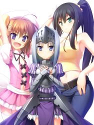  3girls :d ahoge armor armored_dress belt black_hair blue_eyes bow brown_hair buckle camisole commentary_request eucliwood_hellscythe fingerless_gloves gauntlets gloves green_eyes grey_hair haruna_(korezom) hat highres juliet_sleeves kore_wa_zombie_desu_ka? long_hair long_sleeves magical_girl multiple_girls navel oogure_haruka open_mouth photoshop_(medium) ponytail puffy_sleeves purple_eyes seraphim_(korezom) short_hair smile visor_(armor) yellow_bow 