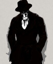  1boy black_theme coat commentary_request dark fedora hat highres male_focus mask monochrome rorschach solo torao_(toraogear) trench_coat watchmen 