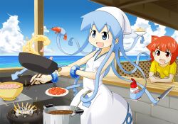  2girls aizawa_eiko artist_request blue_eyes bowl cooking food fried_rice frying_pan highres ikamusume knife ladle multiple_girls ocean pot prehensile_hair red_eyes red_hair rice shinryaku!_ikamusume shrimp stove tentacle_hair water 