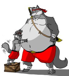  anthro belly belly_hug belly_rub canid canine canis clothed clothing digital_media_(artwork) duo father_(lore) father_and_child_(lore) father_and_son_(lore) hectorthewolf hug male mammal melee_weapon obese overweight parent_(lore) parent_and_child_(lore) parent_and_son_(lore) son_(lore) source_request sword tail tail_motion tailwag topless weapon wolf young young_anthro 