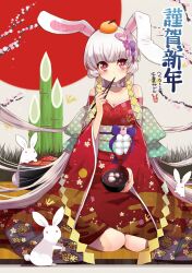  2011 absurdres animal_ears bare_shoulders bento breasts chiba_sadoru chopsticks cleavage eating egasumi female food hair_ornament highres japanese_clothes kadomatsu kimono long_hair medium_breasts new_year obi off_shoulder original osechi photoshop_(medium) rabbit rabbit_ears red_eyes red_kimono red_sun sash sitting solo symbol-shaped_pupils very_long_hair white_hair zouni_soup 