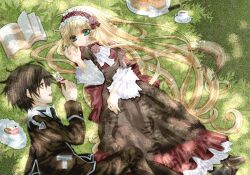  1boy aqua_eyes bad_id bad_pixiv_id blonde_hair book brown_eyes brown_hair cake candy cup dappled_sunlight female flower food gosick hair_spread_out hairband highres kujou_kazuya lolita_fashion lollipop long_hair momosaka_tamakichi profile rose school_uniform shade short_hair sunlight sweets tea teacup very_long_hair victorica_de_blois 