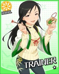  :d aoki_mei artist_request black_hair card_(medium) character_name ema female grey_eyes happi idolmaster idolmaster_cinderella_girls japanese_clothes long_hair official_art open_mouth smile solo star_(symbol) sun_symbol trainer_(idolmaster) turtleneck 